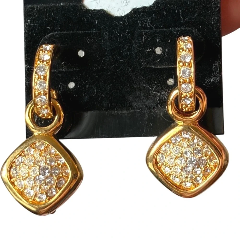 NEW Joan Rivers Gold Tone Pave Crystal Square Drop Hoop Earrings‎ Vintage Style